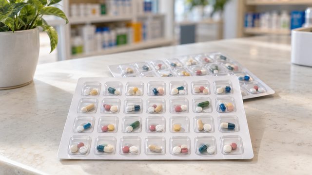 Blister cards with medications sorted into individual dose compartments on the pharmacy counter