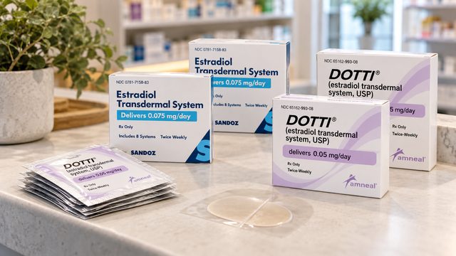 Boxes and pouches of estradiol transdermal patches on the pharmacy counter