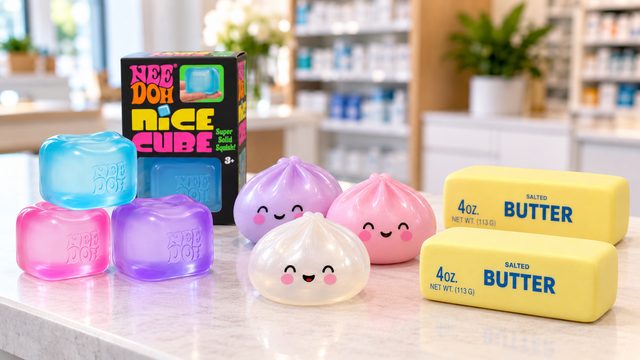 NeeDoh Nice Cube squishies, dumpling squishies and butter-stick squishies on the pharmacy counter