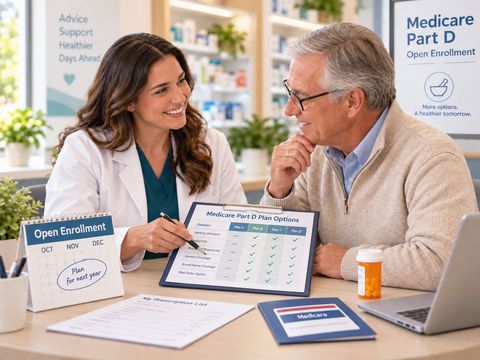 A pharmacist reviewing a Medicare Part D medication list with a patient