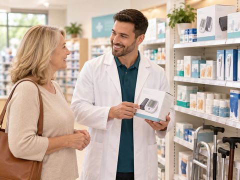 Medical supplies and everyday over-the-counter products on pharmacy shelves